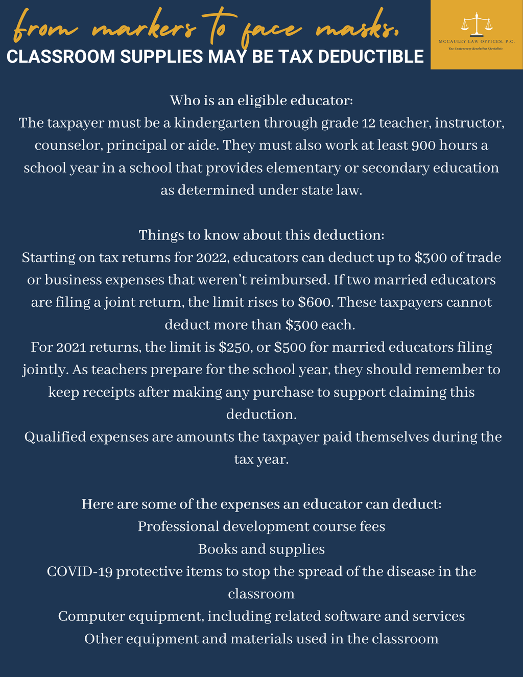 8 15 22 IRS Tax Tip Deductible Classroom Supplies